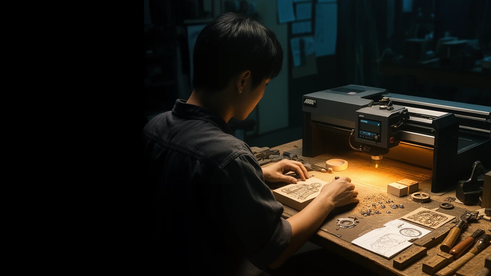 川途職人在深夜工作室操作客製化雷雕機，暖光映照在手工工作桌上