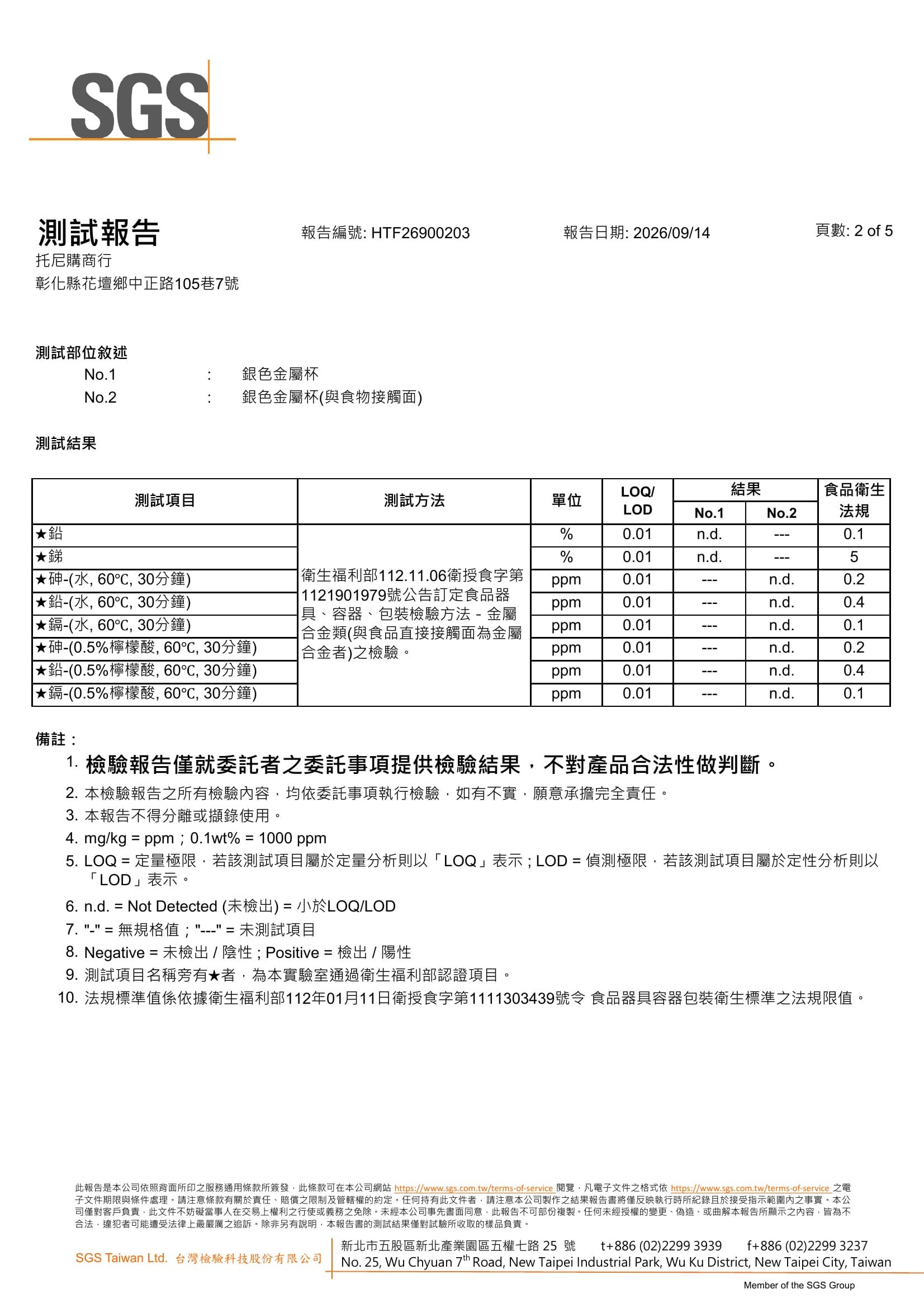 川途 TA1 純鈦杯 SGS 食品接觸檢驗報告全文